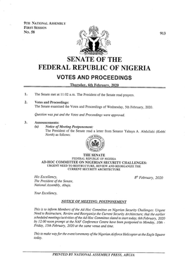 SENATE of the FEDERAL REPUBLIC of NIGERIA VOTES and PROCEEDINGS Thursday, 6Th February, 2020