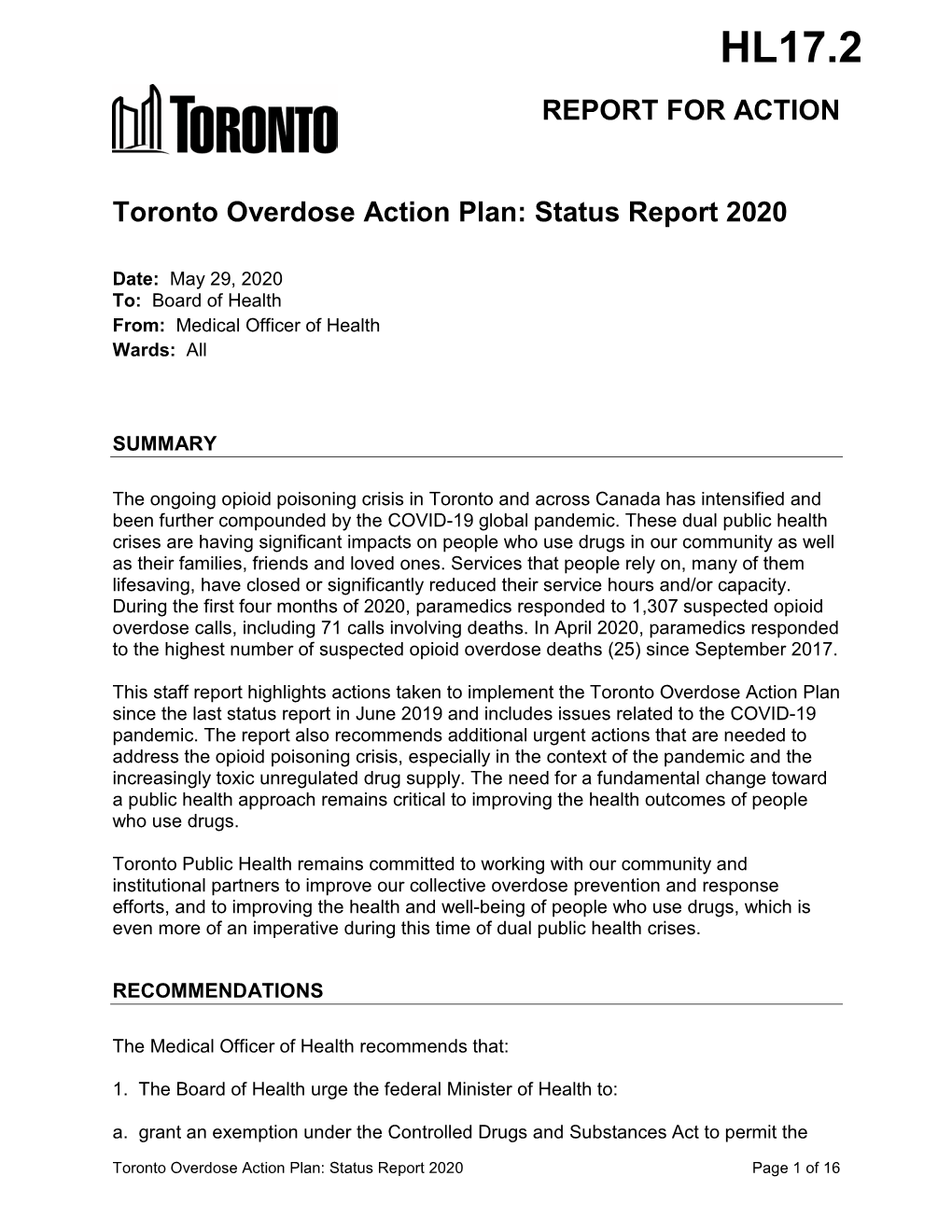 Toronto Overdose Action Plan: Status Report 2020