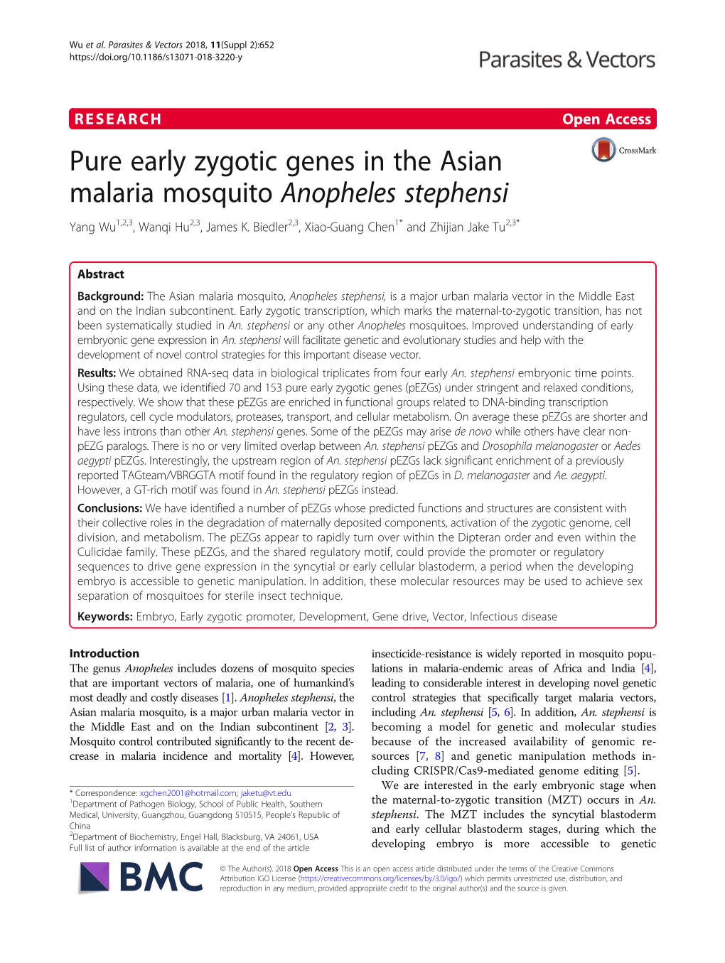 Pure Early Zygotic Genes in the Asian Malaria Mosquito Anopheles Stephensi Yang Wu1,2,3, Wanqi Hu2,3, James K