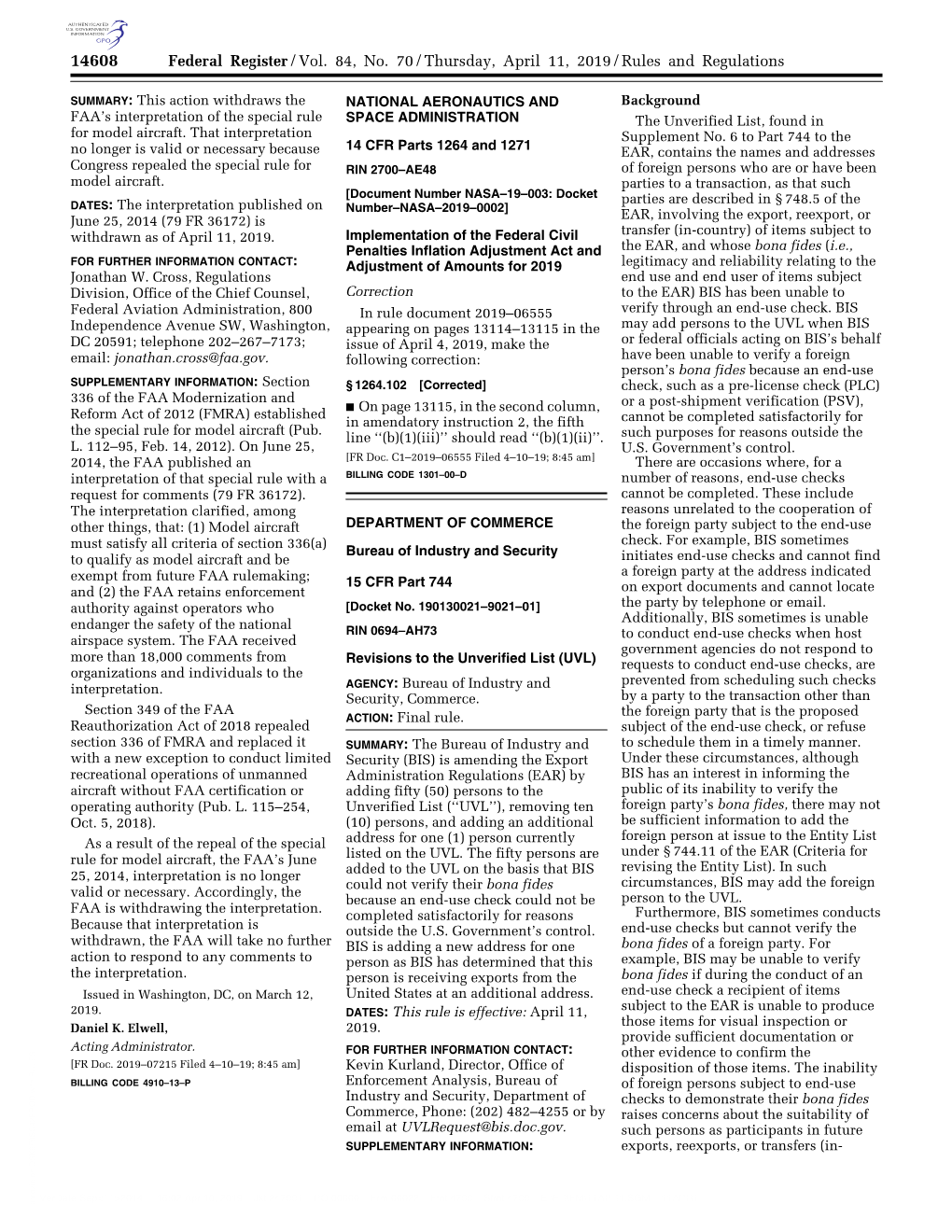 Federal Register/Vol. 84, No. 70/Thursday, April 11, 2019/Rules