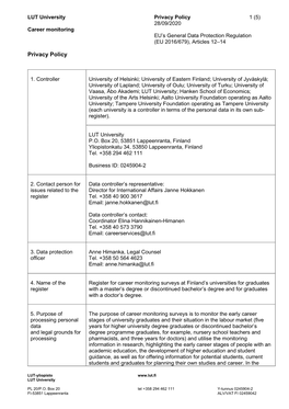 Privacy Policy 1 (5) 28/09/2020 Career Monitoring EU’S General Data Protection Regulation (EU 2016/679), Articles 12–14