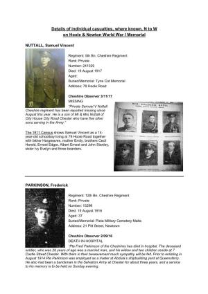 Details of Individual Casualties, Where Known, N to W on Hoole & Newton