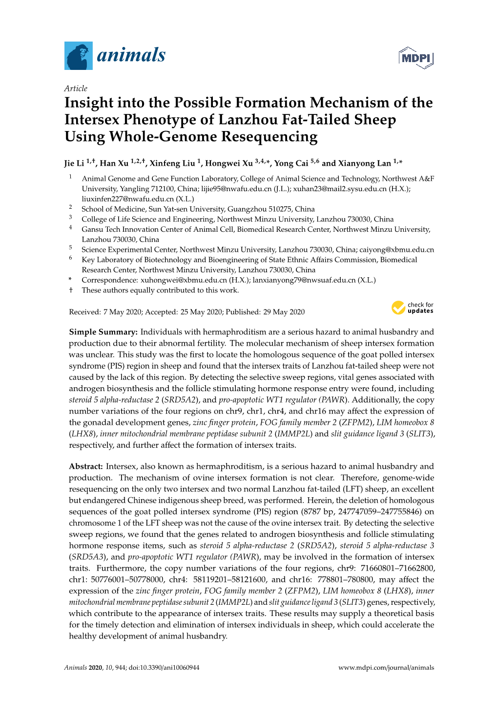 Insight Into the Possible Formation Mechanism of the Intersex Phenotype of Lanzhou Fat-Tailed Sheep Using Whole-Genome Resequencing