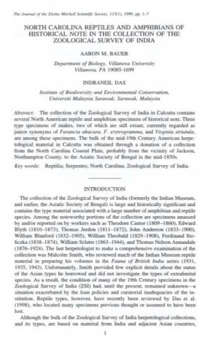 North Carolina Reptiles and Amphibians of Historical Note in the Collection of the Zoological Survey of India