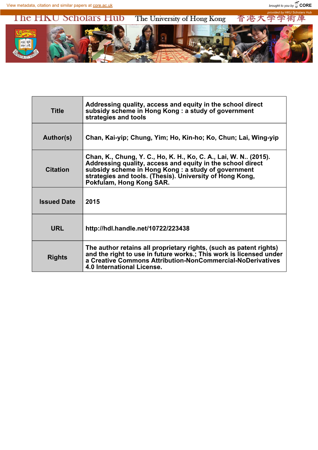 Title Addressing Quality, Access and Equity in the School Direct