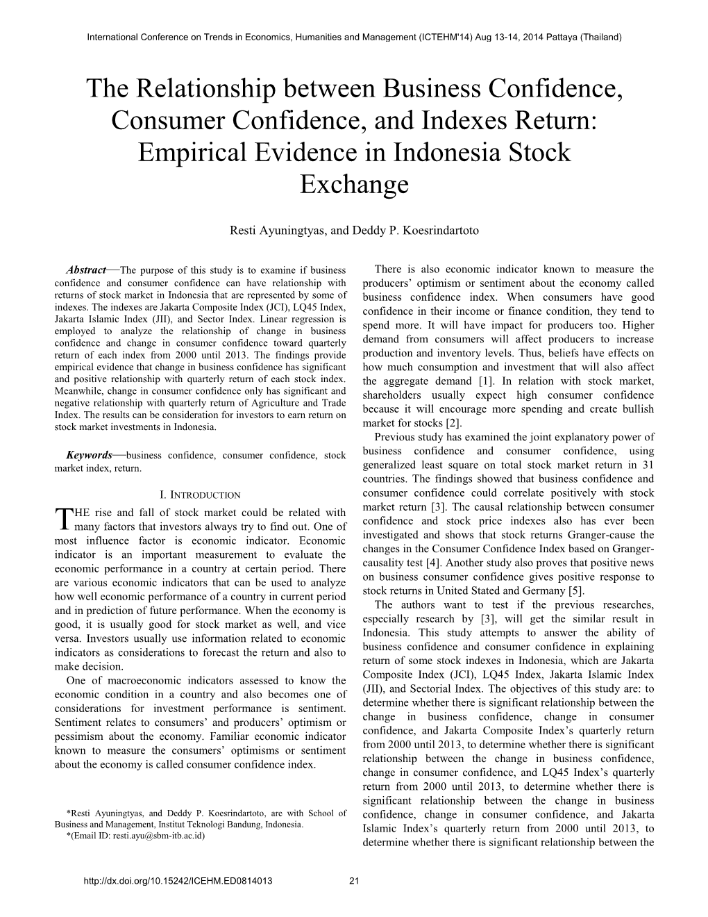 The Relationship Between Business Confidence, Consumer Confidence, and Indexes Return: Empirical Evidence in Indonesia Stock Exchange