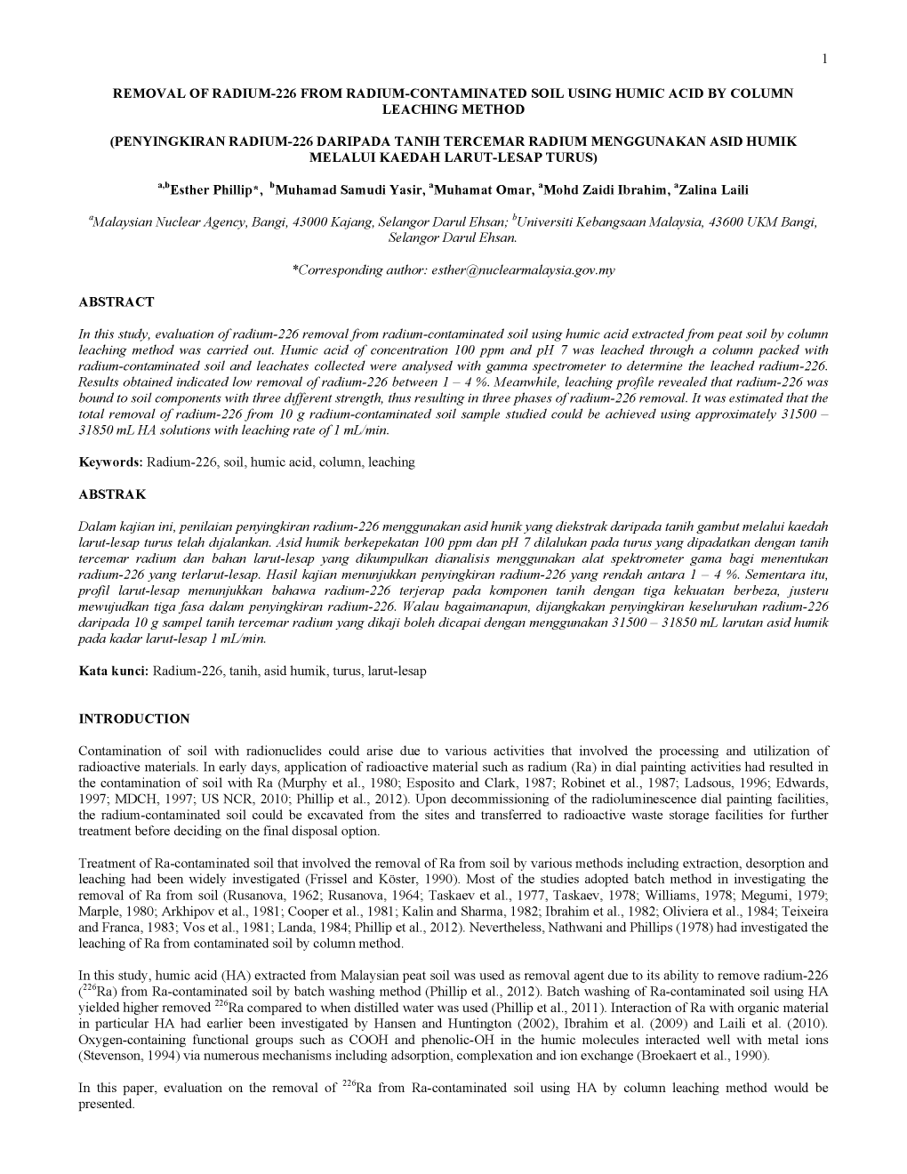 Removal of Radium-226 from Radium-Contaminated Soil Using Humic Acid by Column Leaching Method