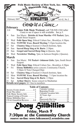 Ebony Hillbillies Series Concert; Community Church, 7:30Pm ☺ Note Changed Date 10 Sat Chantey Sing at Seamen’S Church Institute, 8Pm 12 Mon NYPFMC Exec