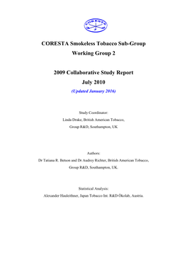 CORESTA Smokeless Tobacco Sub-Group Working Group 2 2009