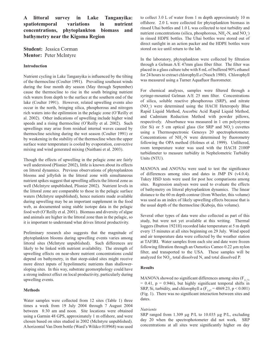 A Littoral Survey in Lake Tanganyika: Spatiotemporal Variations in Nutrient