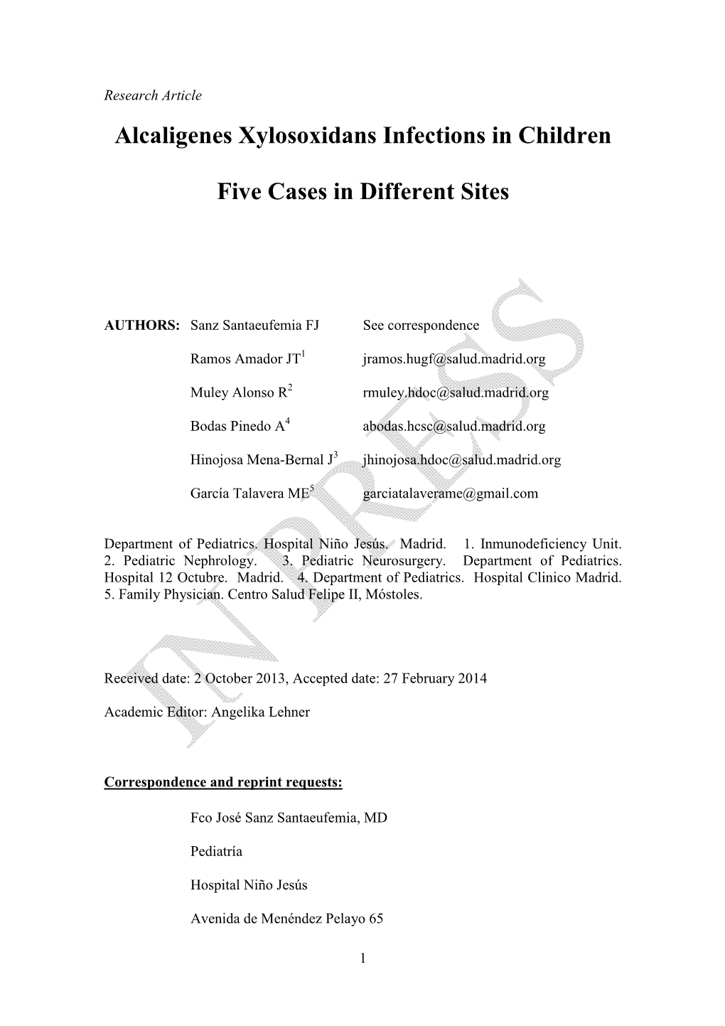 Alcaligenes Xylosoxidans Infections in Children Five Cases in Different Sites