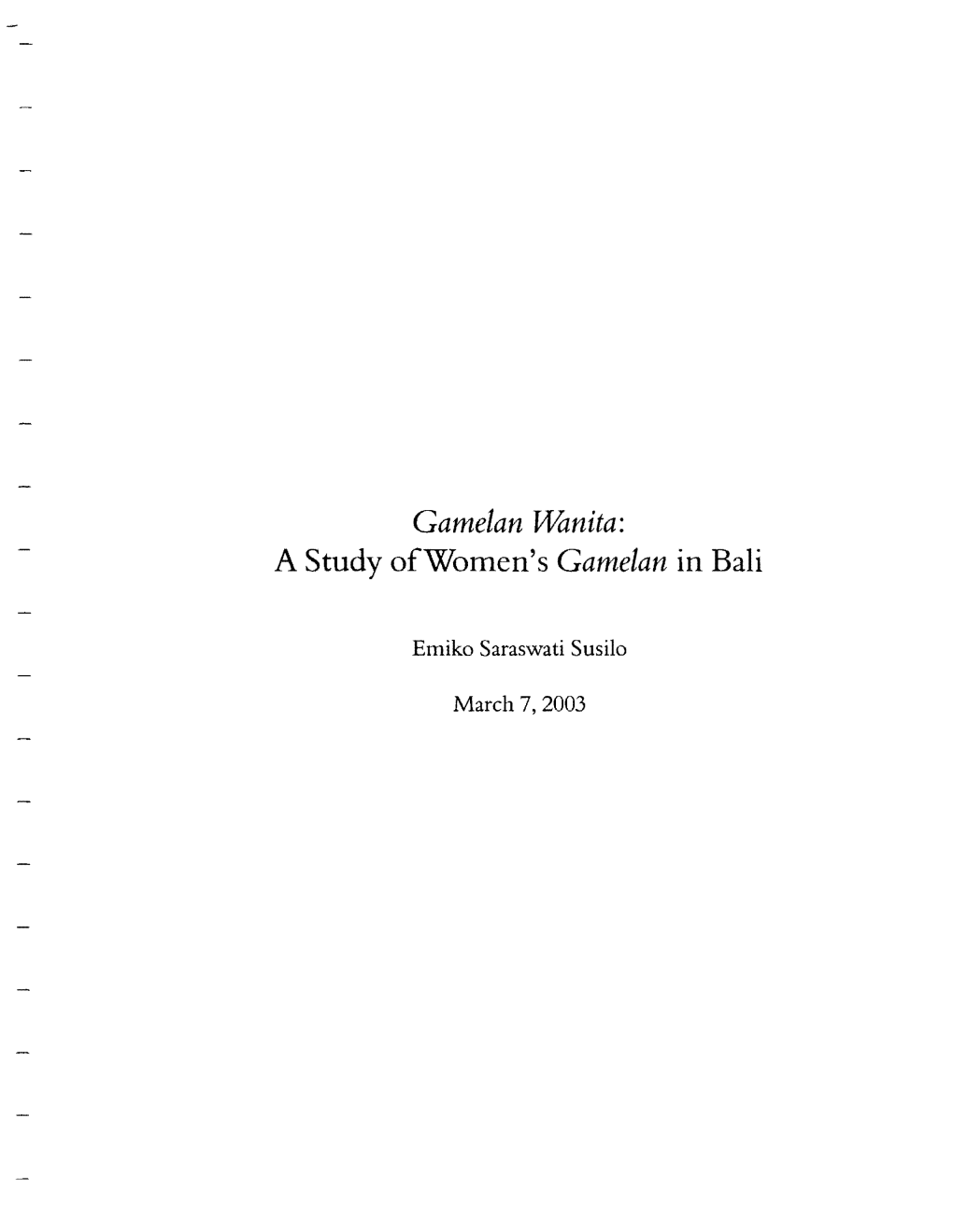 A Study Ofwomen's Gamelan in Bali