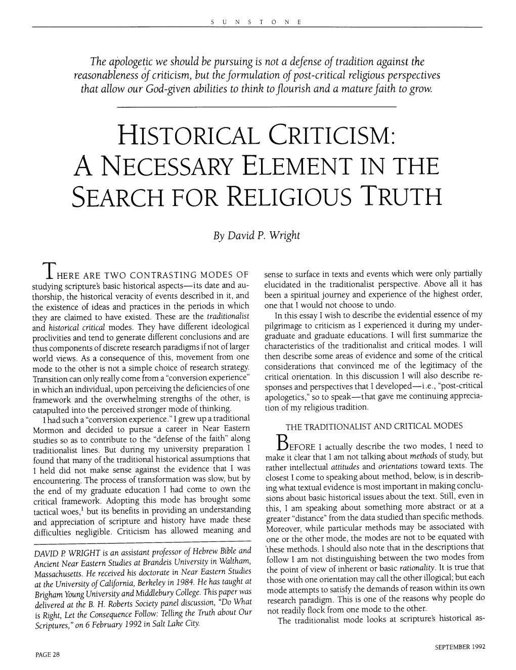 Historical Criticism: a Necessary Element in the Search for Religious Truth