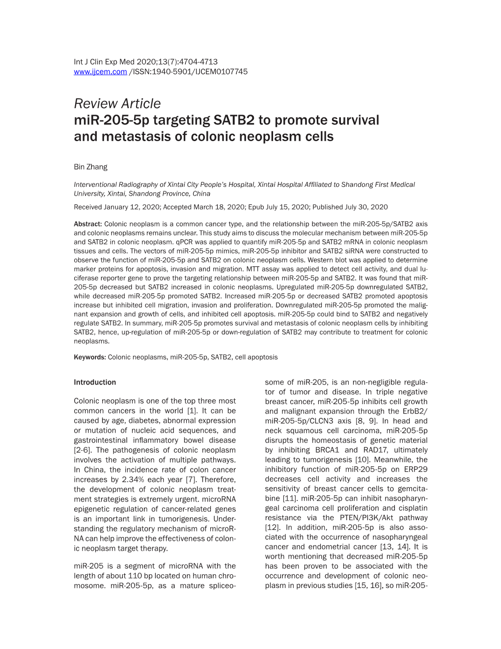 Review Article Mir-205-5P Targeting SATB2 to Promote Survival and Metastasis of Colonic Neoplasm Cells