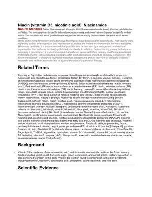 Niacin (Vitamin B3, Nicotinic Acid), Niacinamide Natural Standard Bottom Line Monograph, Copyright © 2011 (