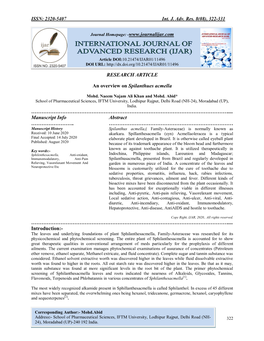 ISSN: 2320-5407 Int. J. Adv. Res. 8(08), 322-331 RESEARCH ARTICLE an Overview on Spilanthues Acmella