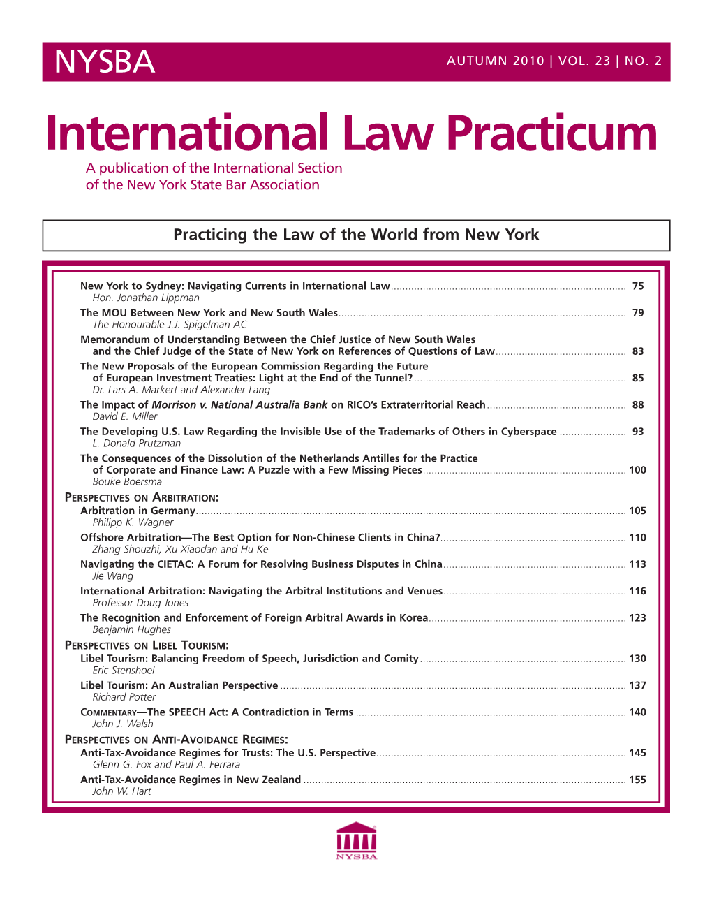 International Law Practicum a Publication of the International Section of the New York State Bar Association