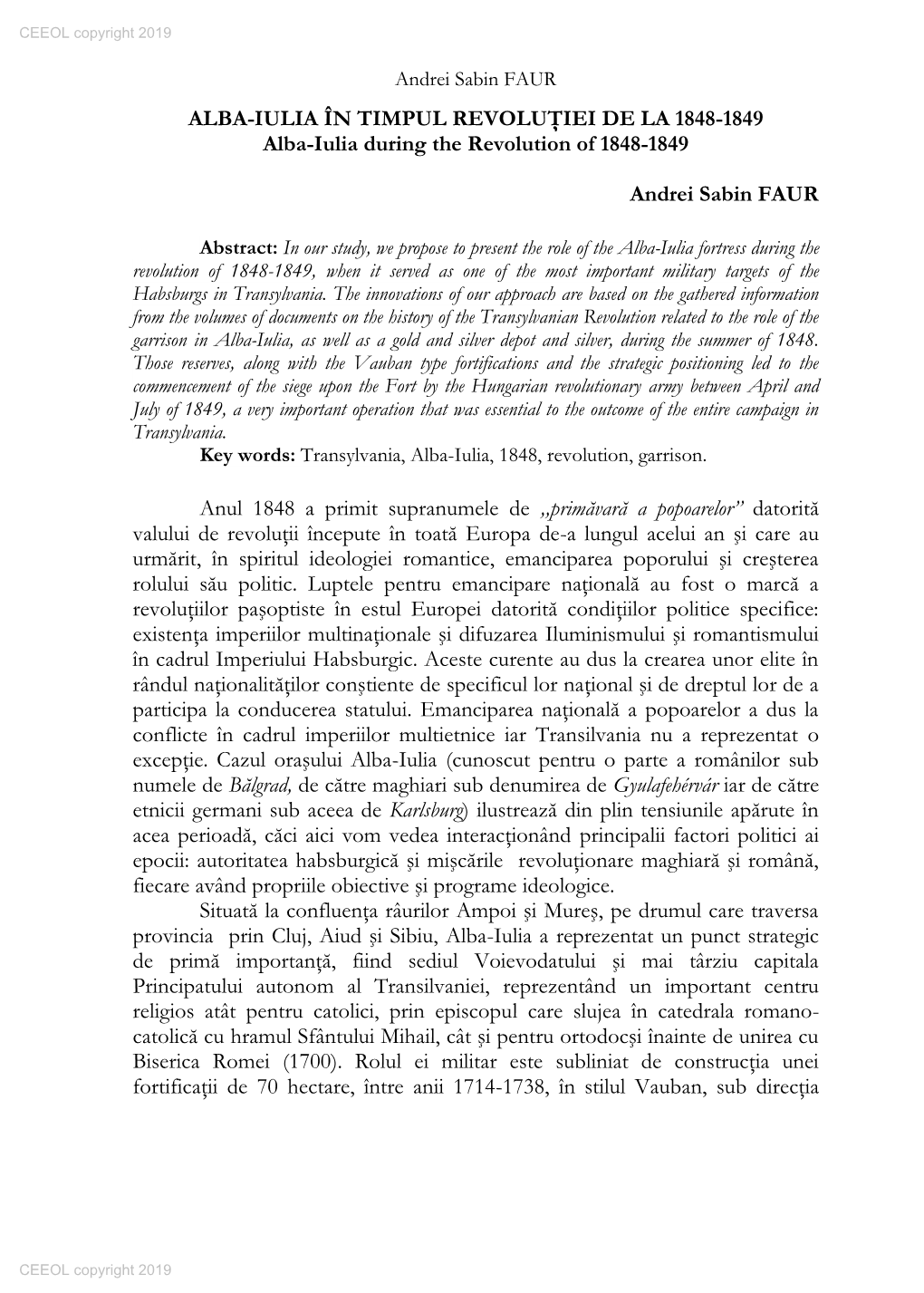 ALBA-IULIA ÎN TIMPUL REVOLUŢIEI DE LA 1848-1849 Alba-Iulia During the Revolution of 1848-1849