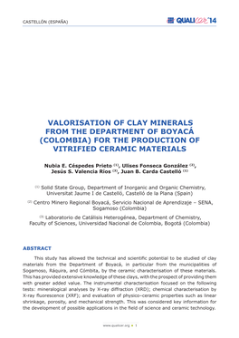 Valorisation of Clay Minerals from the Department of Boyacá (Colombia) for the Production of Vitrified Ceramic Materials