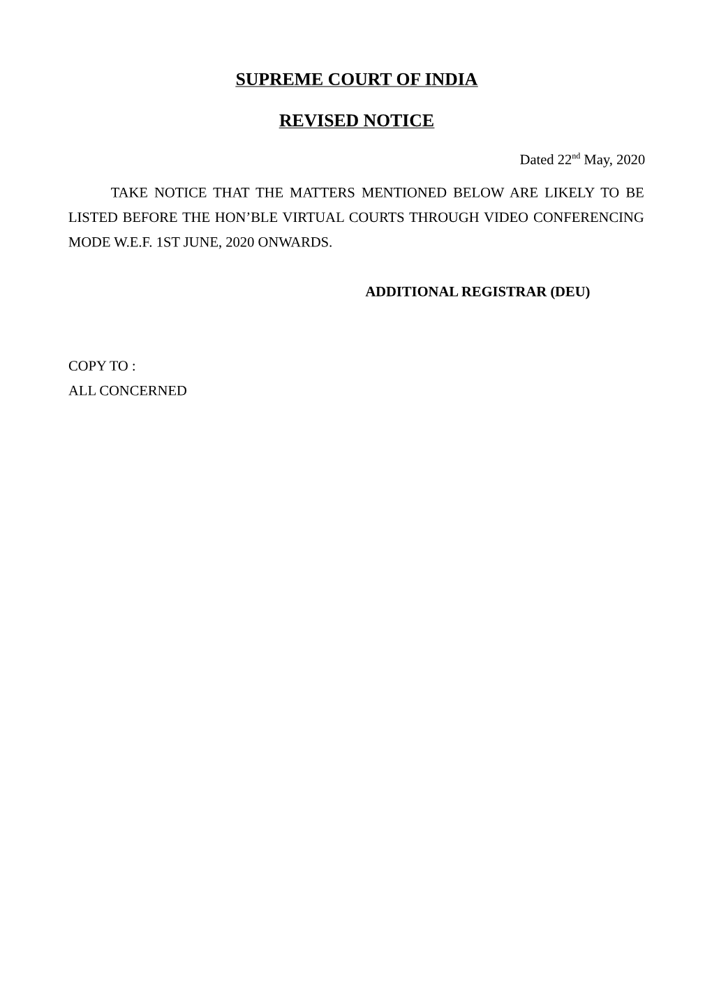 Supreme Court of India Revised Notice