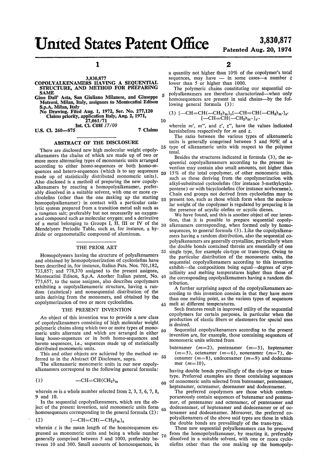 United States Patent Office Patented Aug