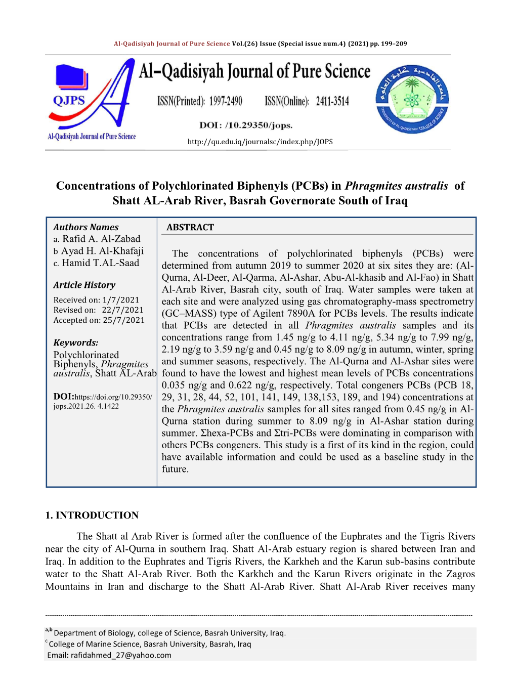 Concentrations of Polychlorinated Biphenyls (Pcbs) in Phragmites Australis of Shatt AL-Arab River, Basrah Governorate South of Iraq