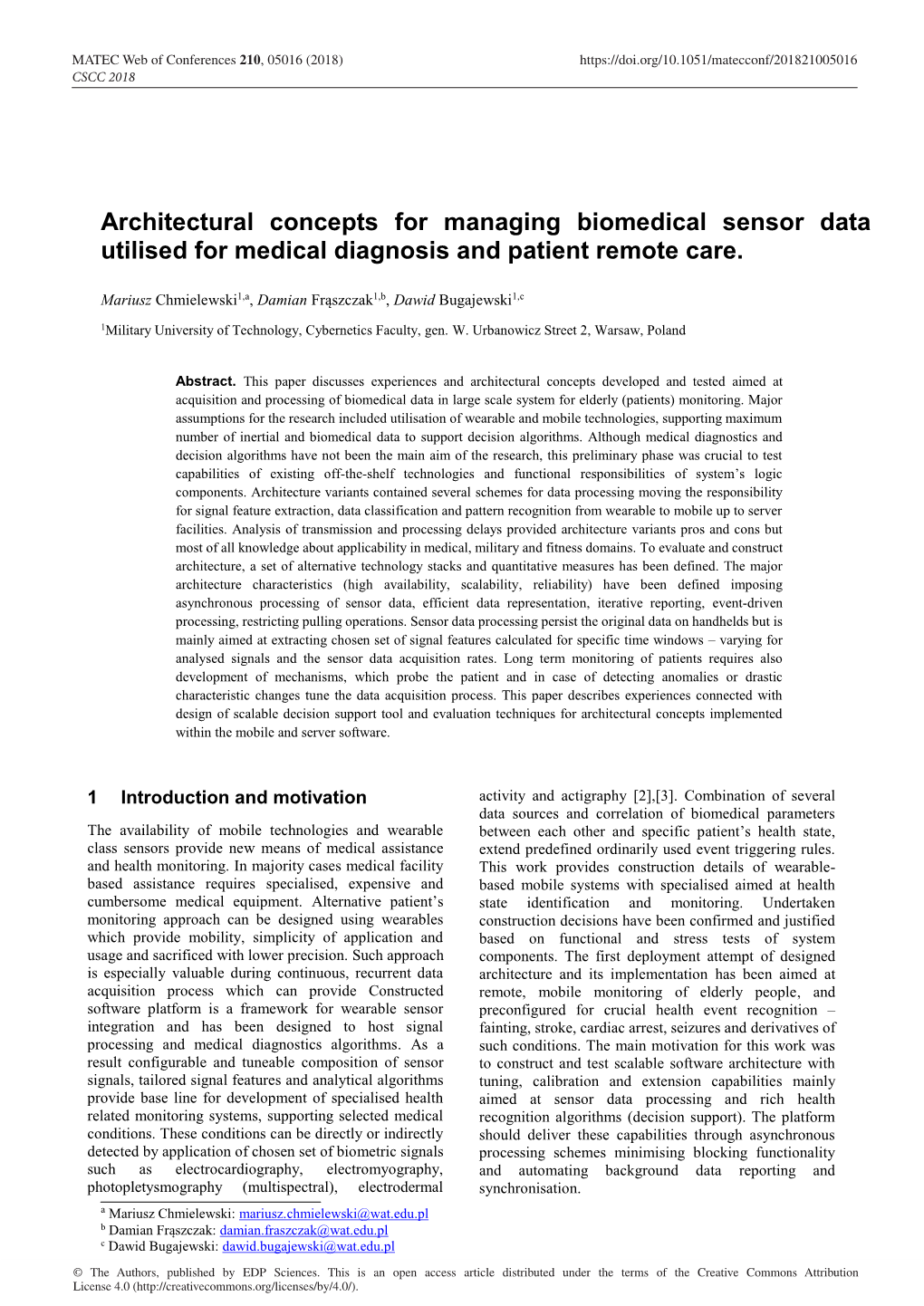 Architectural Concepts for Managing Biomedical Sensor Data Utilised for Medical Diagnosis and Patient Remote Care