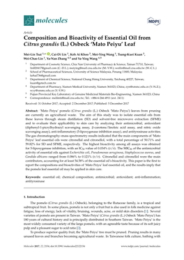 Composition and Bioactivity of Essential Oil from Citrus Grandis (L.) Osbeck ‘Mato Peiyu’ Leaf