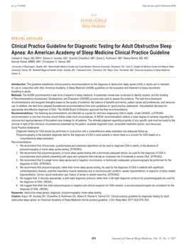 Clinical Practice Guideline for Diagnostic Testing for Adult Obstructive Sleep Apnea: an American Academy of Sleep Medicine Clinical Practice Guideline Vishesh K