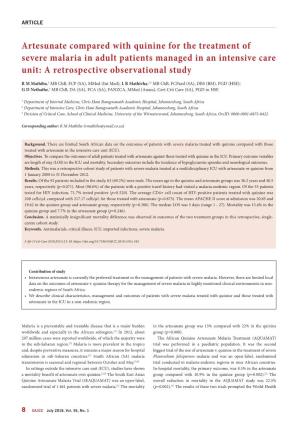 Artesunate Compared with Quinine for the Treatment of Severe Malaria in Adult Patients Managed in an Intensive Care Unit: a Retrospective Observational Study