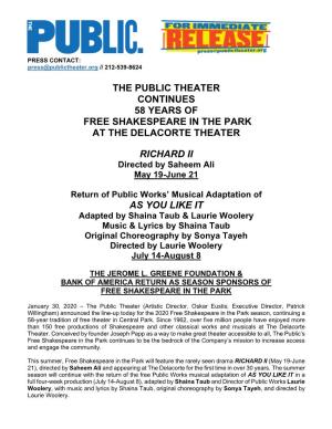 The Public Theater Continues 58 Years of Free Shakespeare in the Park at the Delacorte Theater