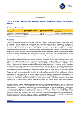 Godrej & Boyce Manufacturing Company Limited: [ICRA]A1+ Assigned for Enhanced Amount Summary of Rating Action Rationale