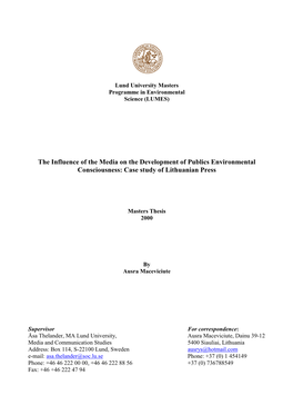 The Influence of the Media on the Development of Publics Environmental Consciousness: Case Study of Lithuanian Press