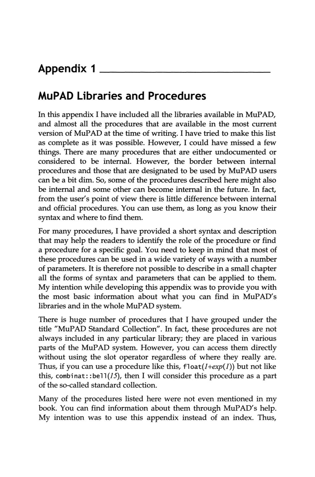 Appendix 1 Mupad Libraries and Procedures