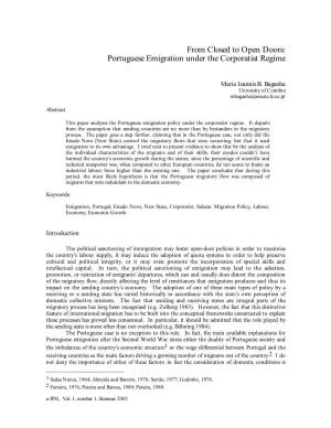 Portuguese Emigration Under the Corporatist Regime