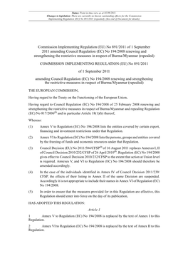 Commission Implementing Regulation (EU) No 891/2011 of 1 September 2011 Amending Council Regulation