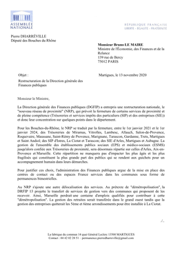 Pierre DHARRÉVILLE Député Des Bouches Du Rhône Monsieur Bruno LE MAIRE Ministre De L'économie, Des Finances Et De La Relance 139 Rue De Bercy 75012 PARIS