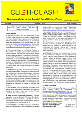 CLISH-CLASH the E-Newsletter of the Scottish Local History Forum Scottish Charity SCO15850 ISSUE 44 JANUARY 2021 ISSN 2055-6411