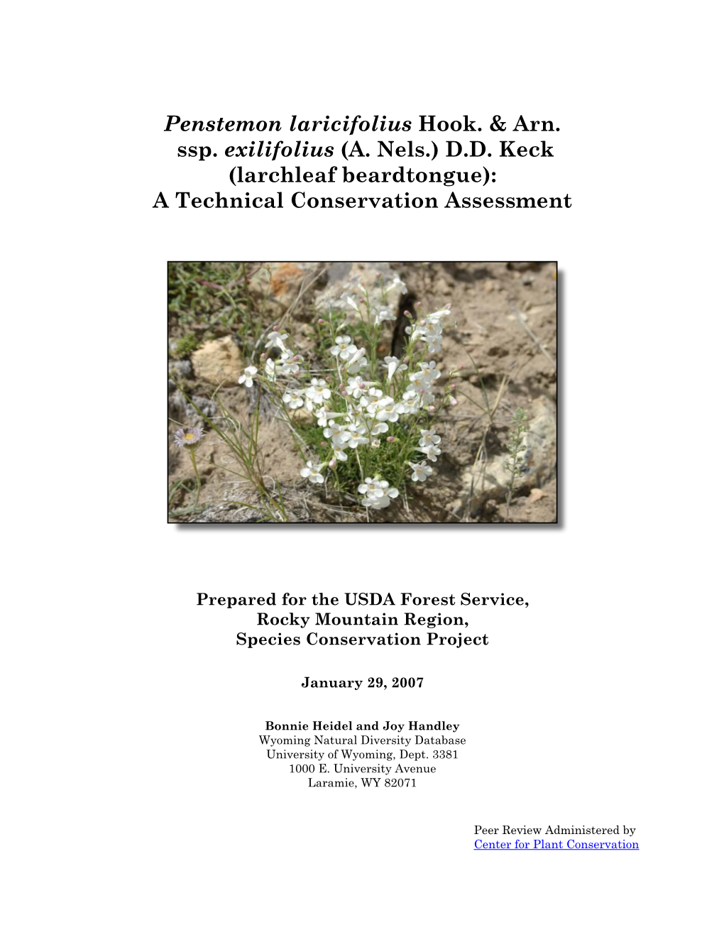 Penstemon Laricifolius Ssp. Exilifolius and Enhance the Basis for Assessing Its Status