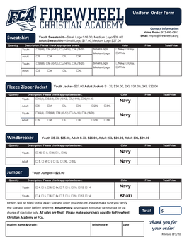 Uniform Order Form Sweatshirt Fleece Zipper Jacket Jumper Windbreaker