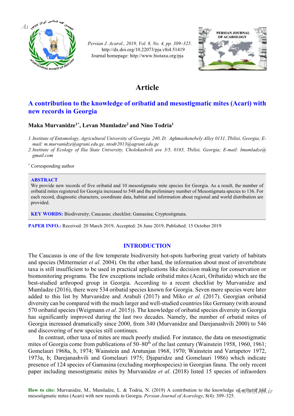 A Contribution to the Knowledge of Oribatid and Mesostigmatic Mites (Acari) with New Records in Georgia
