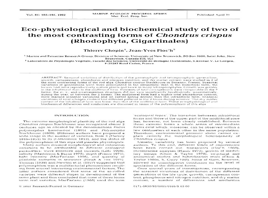 Eco-Physiological and Biochemical Study of Two of the Most Contrasting Forms of Chondrus Crispus (Rhodophyta, Gigartinales)