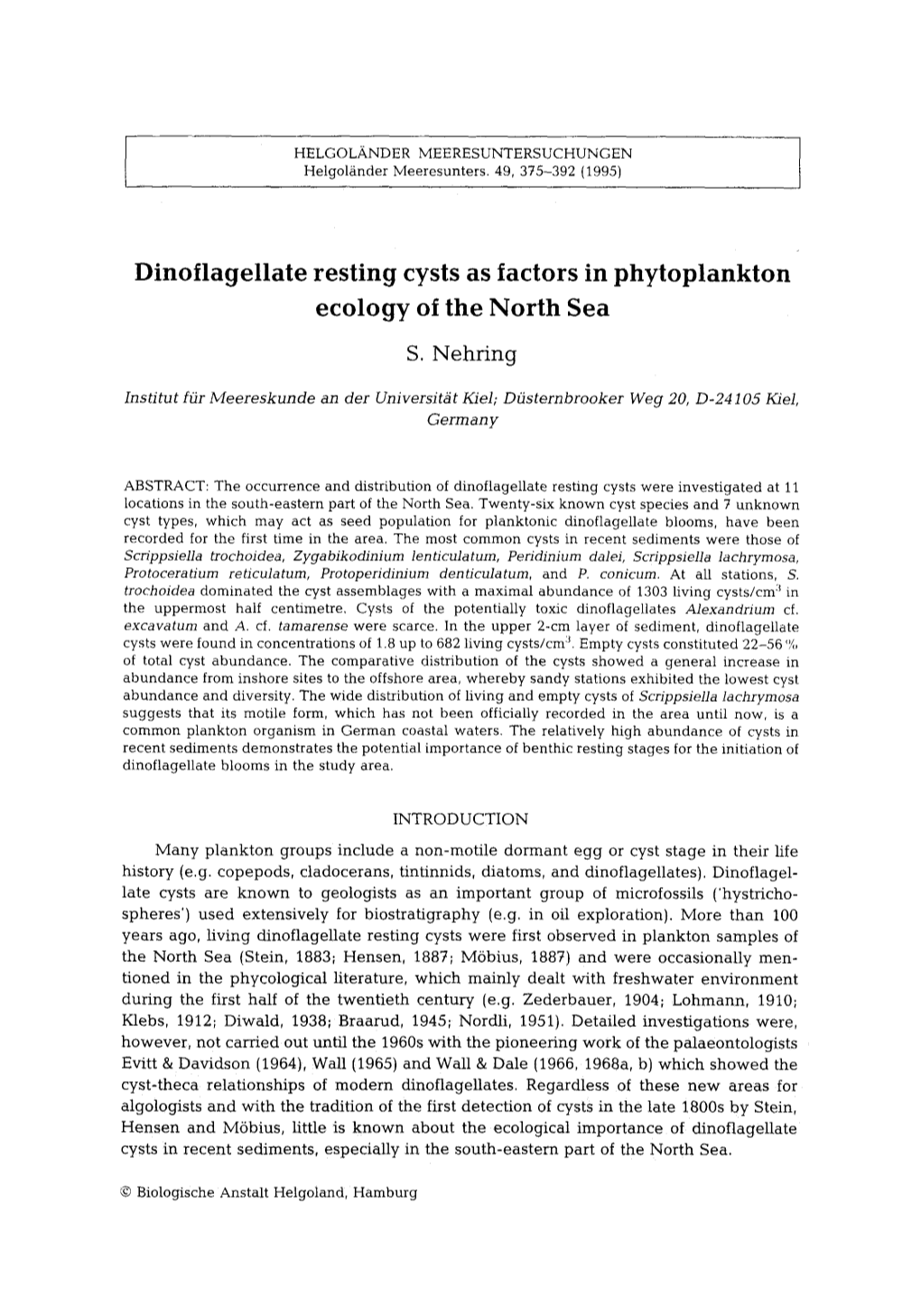 Dinoflagellate Resting Cysts As Factors in Phytoplankton Ecology of the North Sea