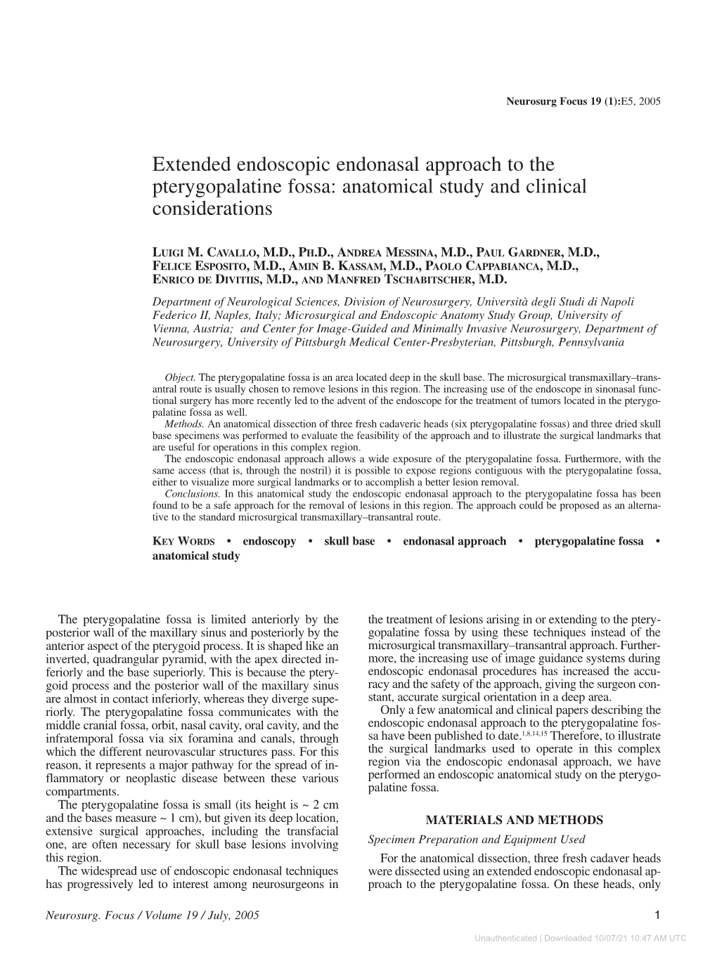 Extended Endoscopic Endonasal Approach to the Pterygopalatine Fossa: Anatomical Study and Clinical Considerations