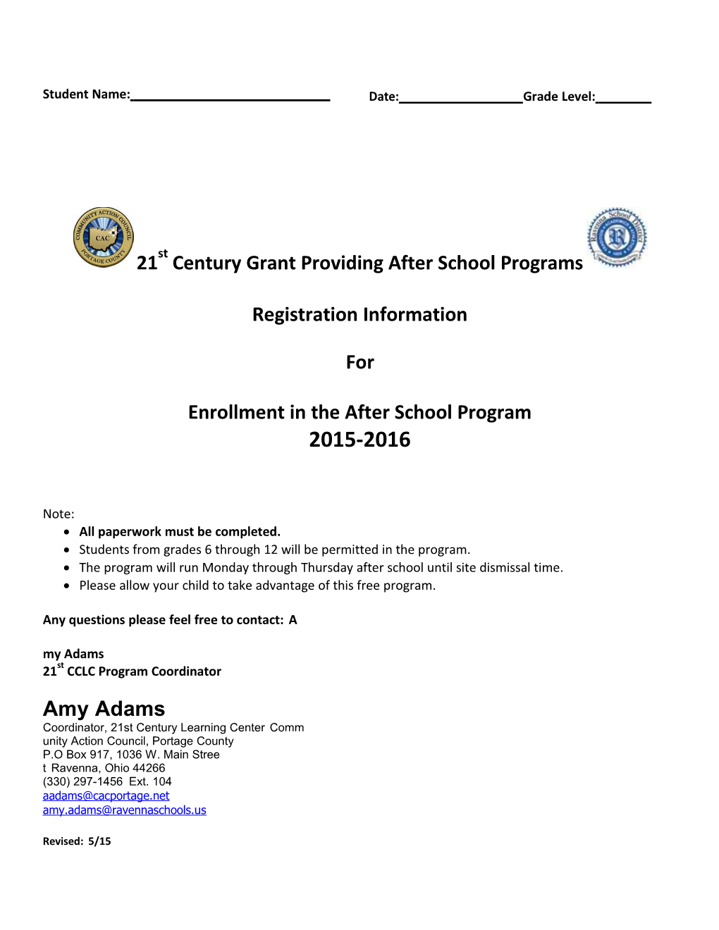 Enrollment in the After School Program 2015-2016