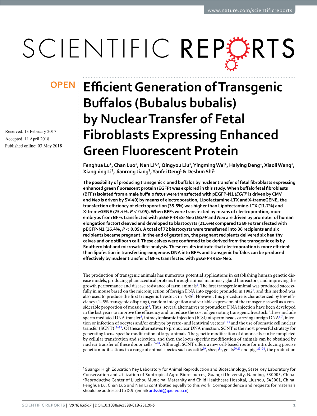 Efficient Generation of Transgenic Buffalos (Bubalus Bubalis)