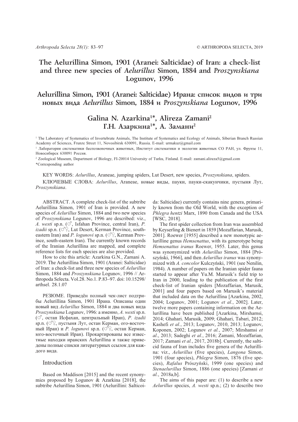 Aranei: Salticidae) of Iran: a Check-List and Three New Species of Aelurillus Simon, 1884 and Proszynskiana Logunov, 1996