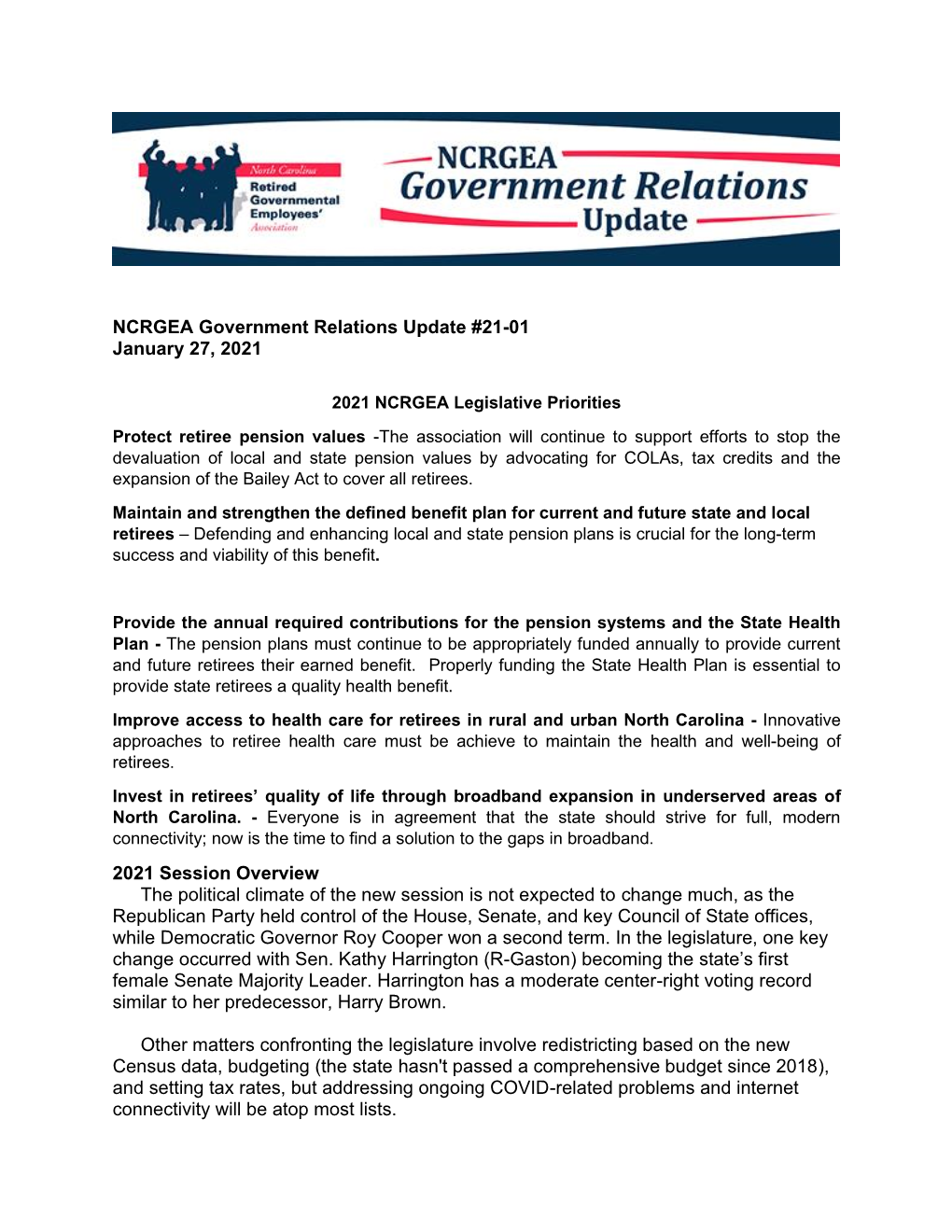 NCRGEA Government Relations Update #21-01 January 27, 2021
