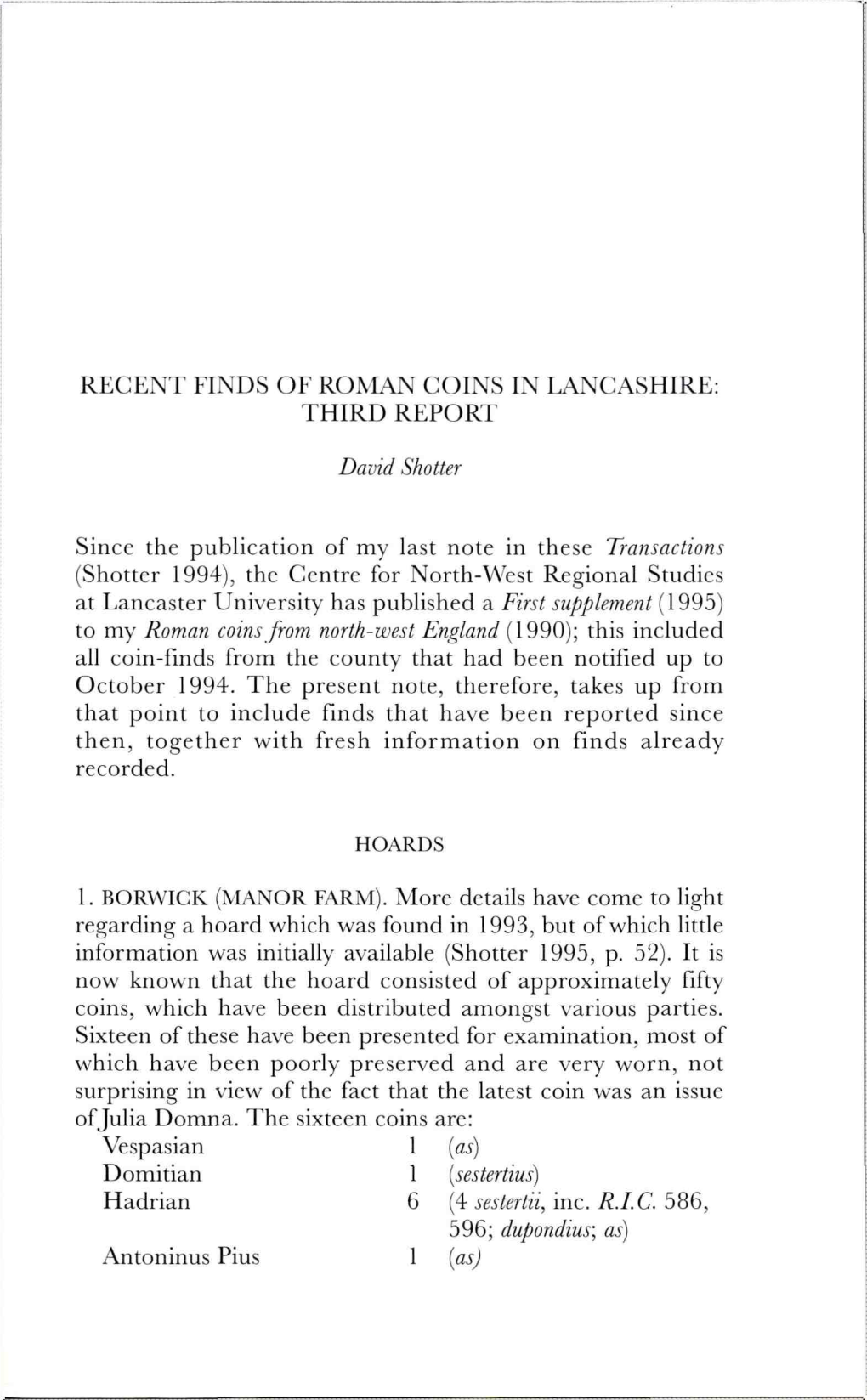 Recent Finds of Roman Coins in Lancashire: Third Report