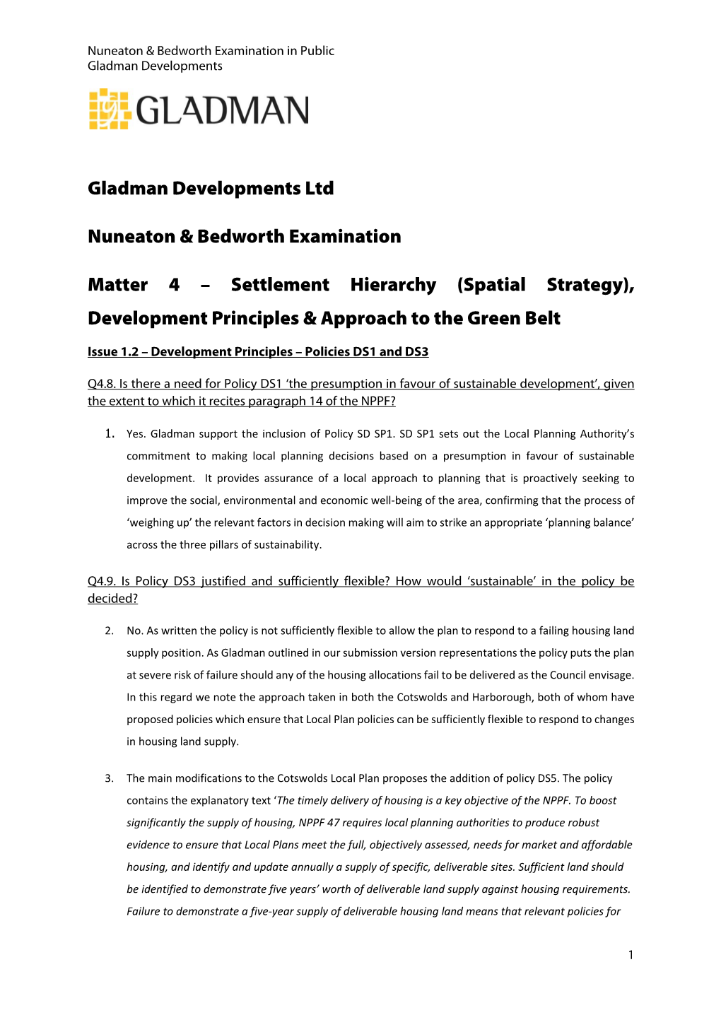Gladman Developments Ltd Nuneaton & Bedworth Examination Matter 4 – Settlement Hierarchy (Spatial Strategy), Development P